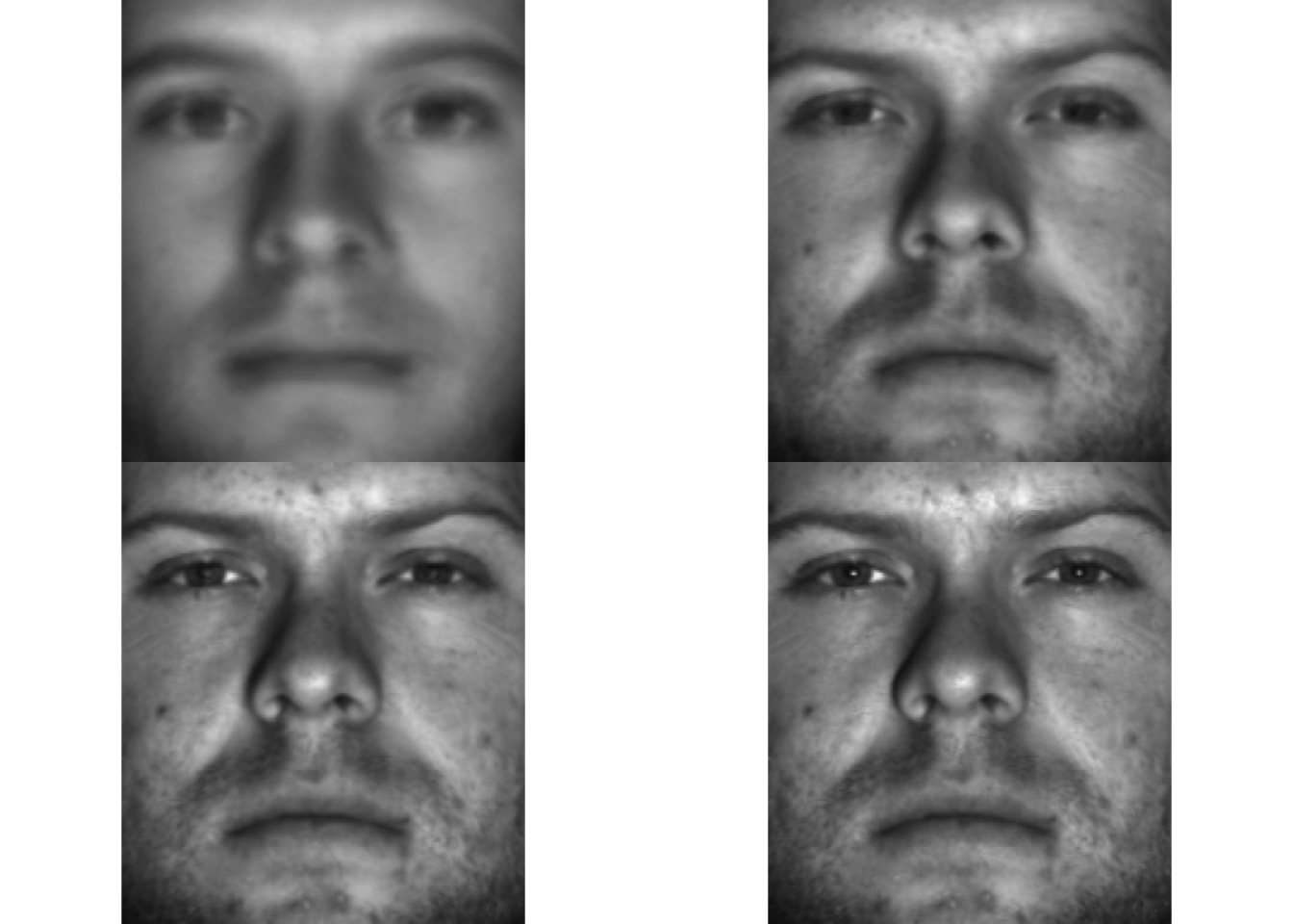 approximation with 25 (top left),  100 (top right) and 500 (bottom left) singular faces and original face (bottom right, or with all singular faces)