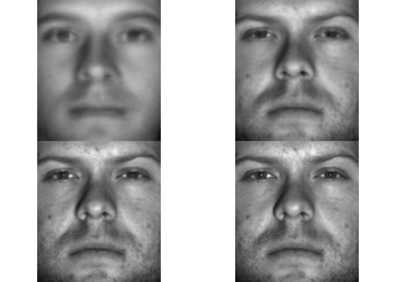 approximation with 25 (top left),  100 (top right) and 500 (bottom left) eigenfaces and original face (bottom right, or with all eigenfaces)