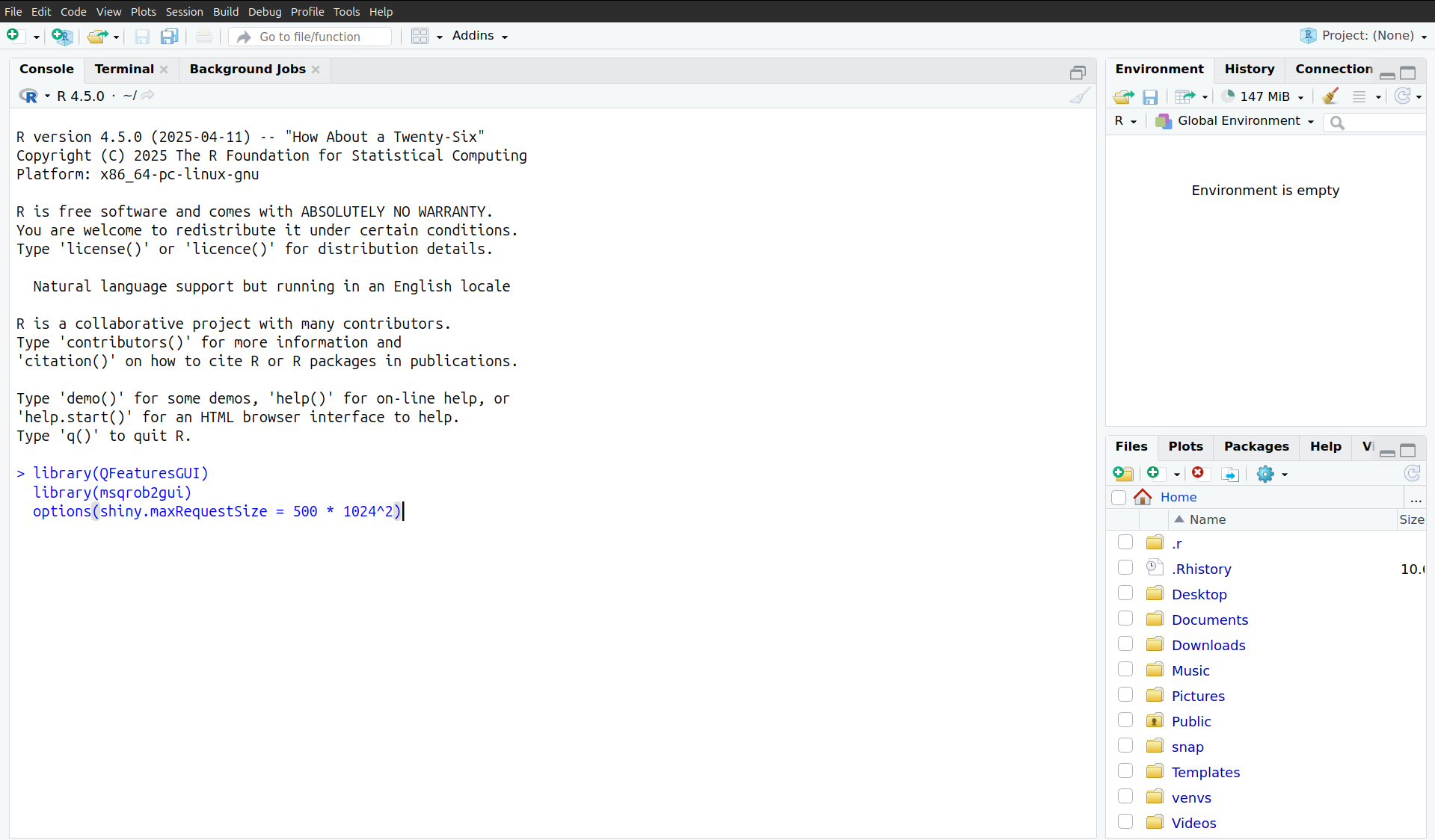 Figure 2. Rstudio with the package loading commands