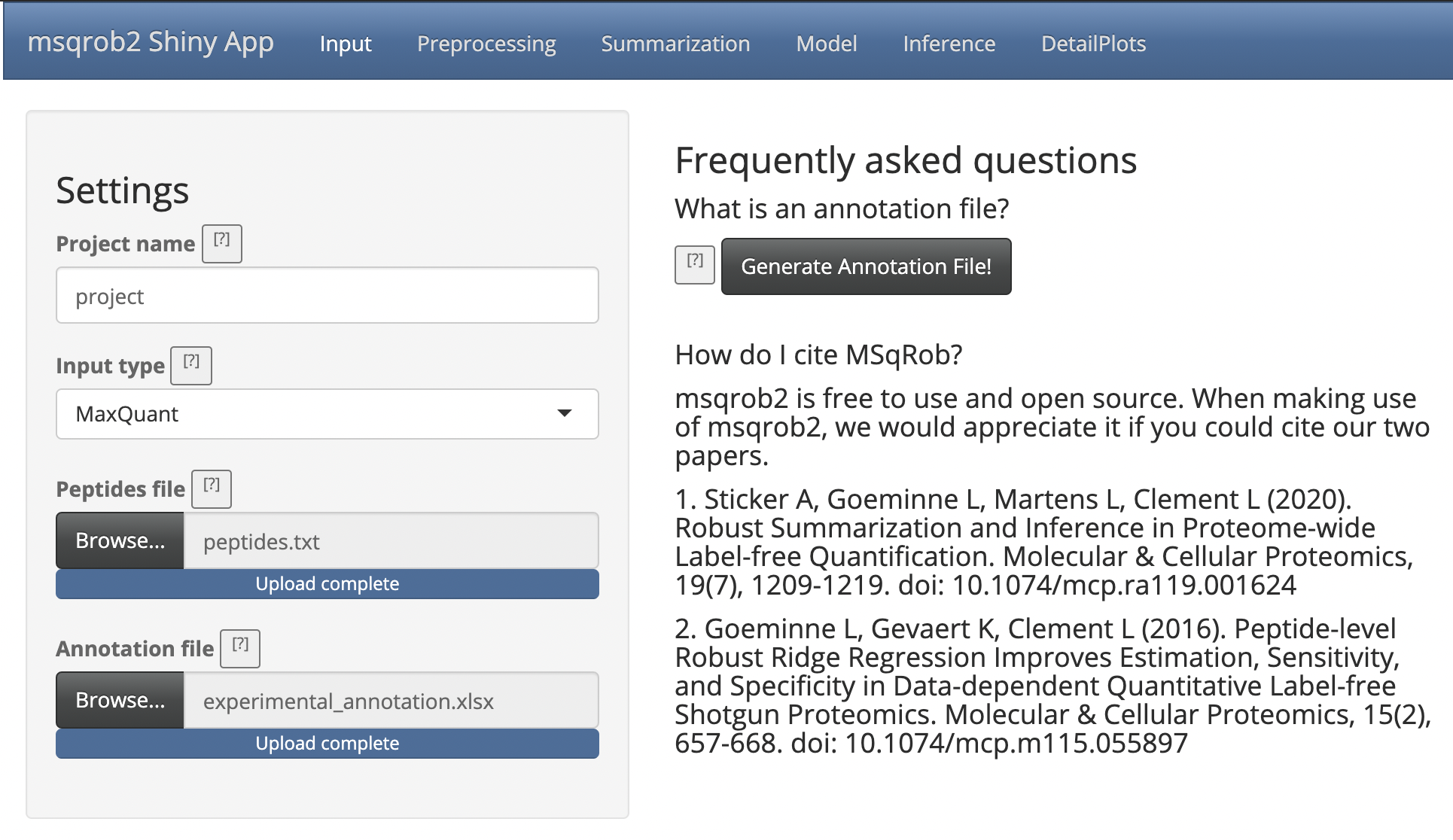 Figure 5. MSqRob Input tab