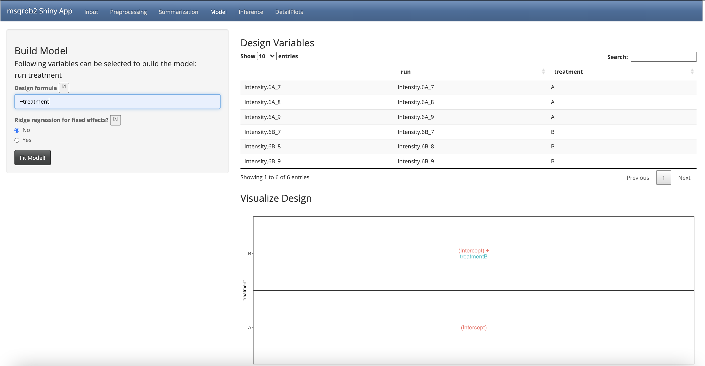 Figure 11. msqrob2 Model tab with design